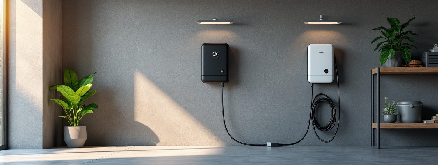 Heimische Energietechnik: Batteriespeicher und Wandladestation in einer aufgeräumten Garage
