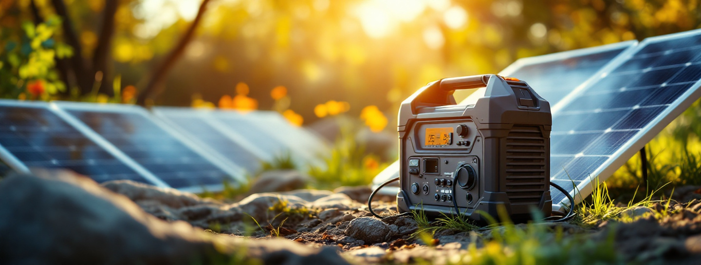 Tragbare Powerstation mit faltbarem Solarpanel beim Camping im Freien